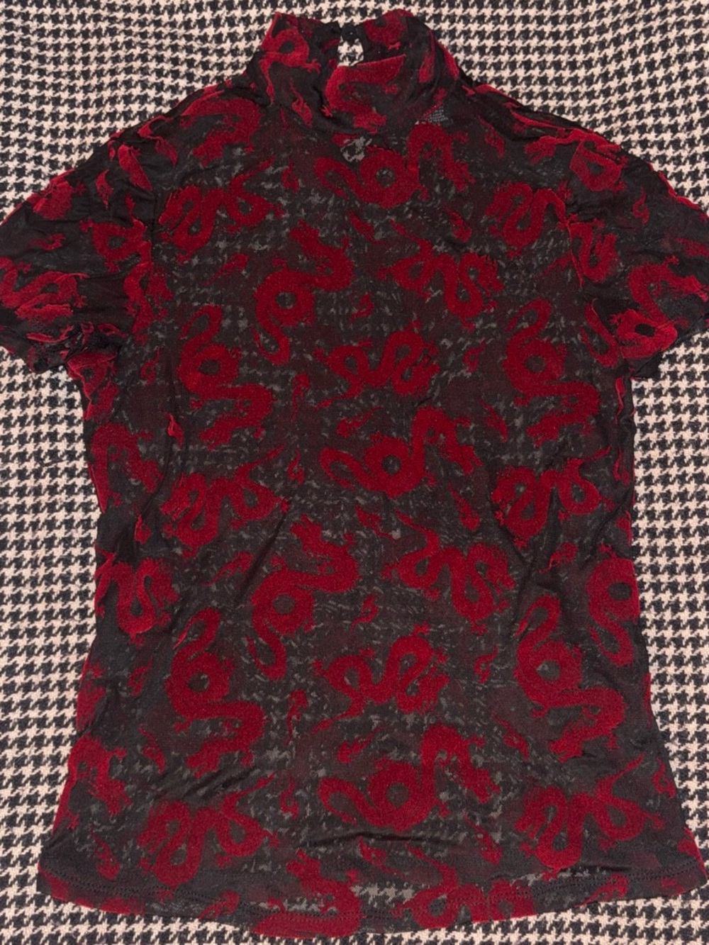 Hot Topic Black Sheer Mesh Short Sleeve Top with Red Dragon Pattern